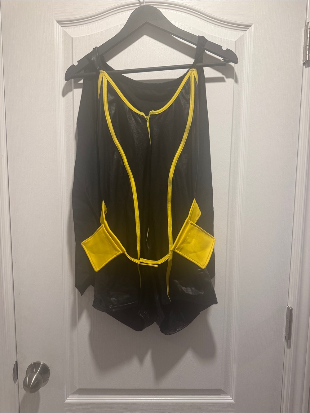 NWOT Coquette Batgirl Halloween Costume Romper Set Black Yellow Wet Look